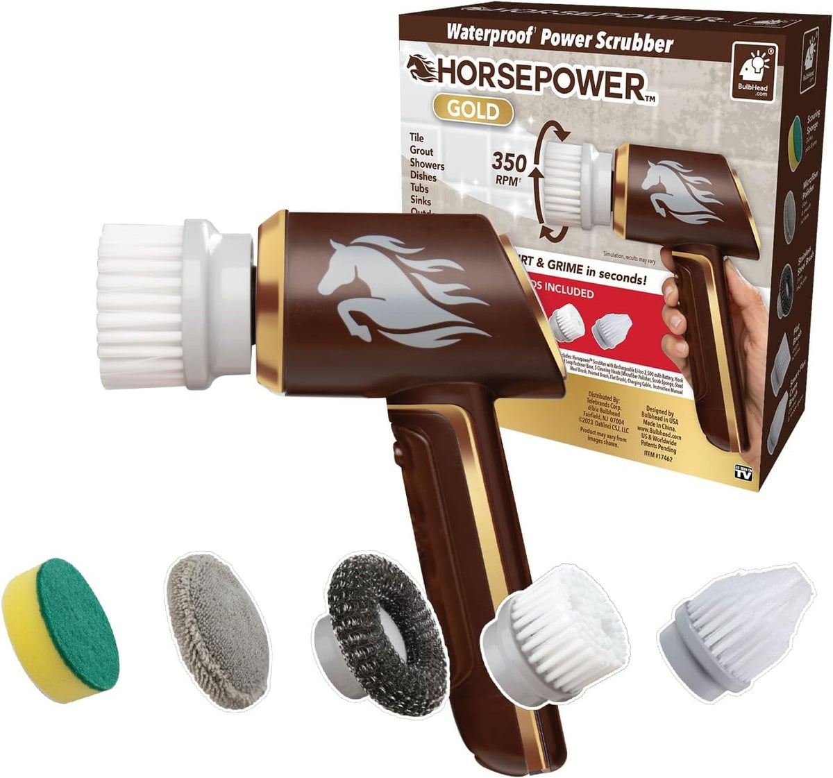 Horsepower power scrubber with attachments and packaging on a white background