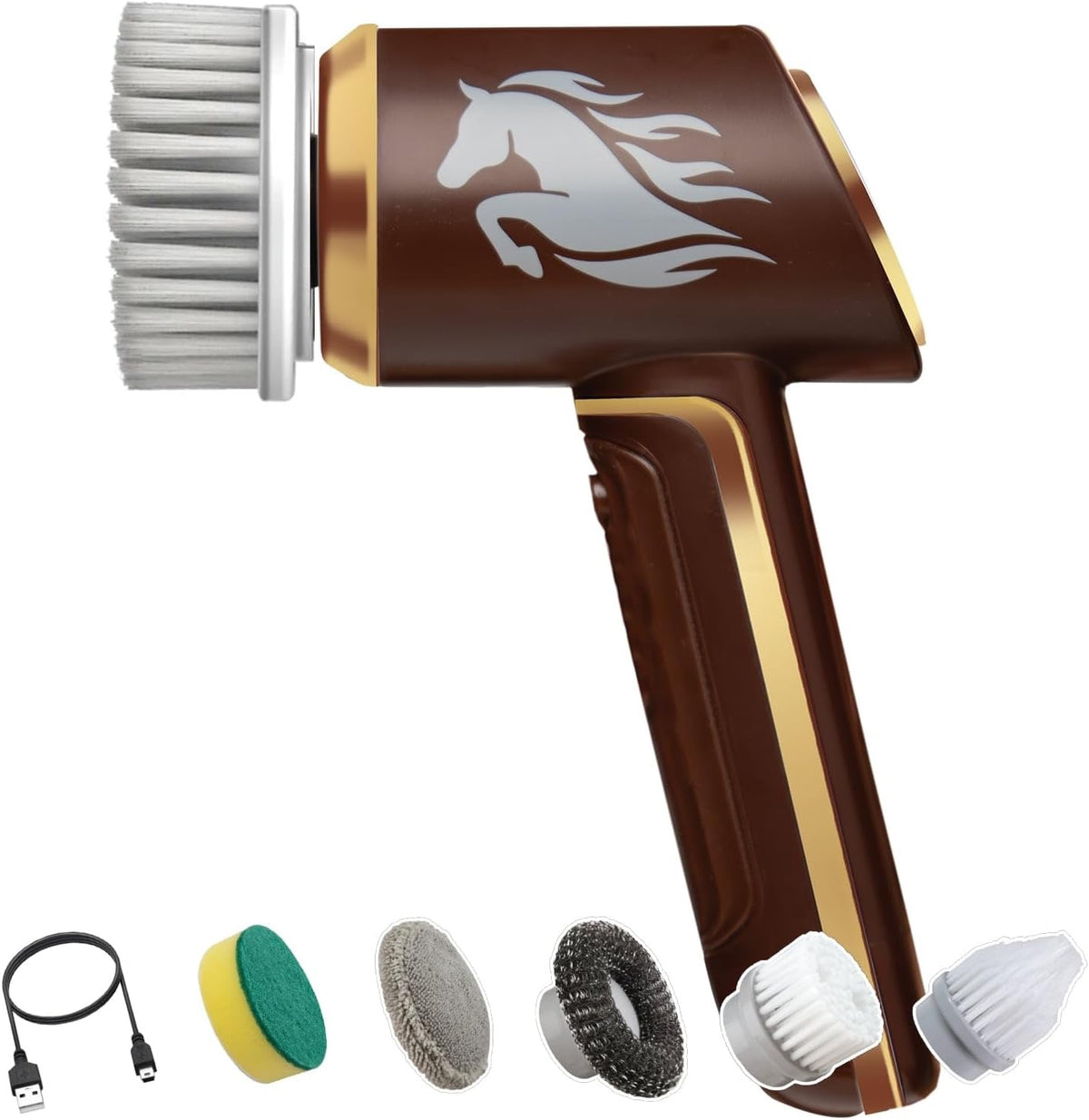 Brown handheld grooming tool with horse logo and attachments on a white background