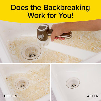Cleaning tool being used on a dirty sink with 'Before' and 'After' comparisons.