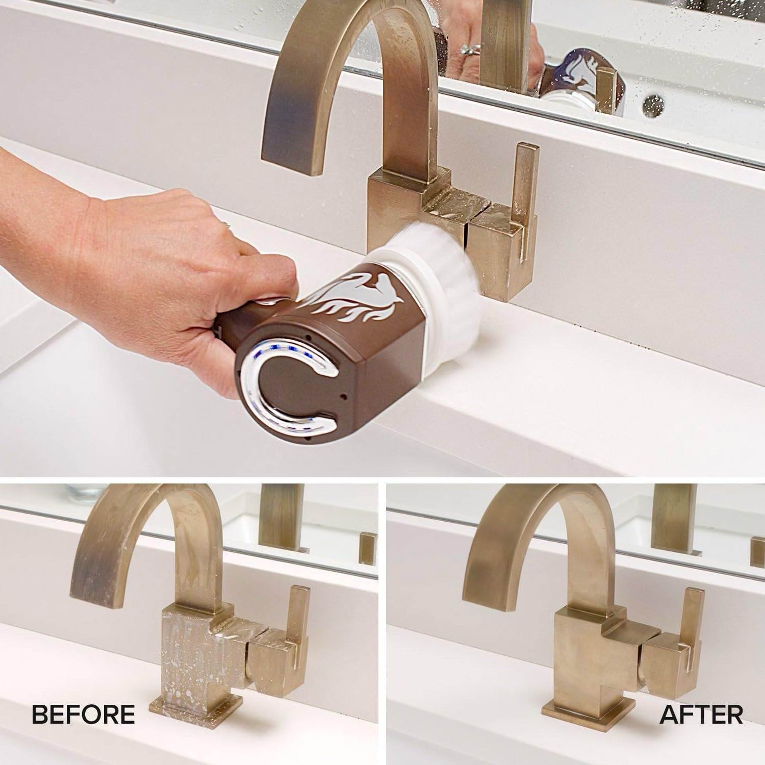 Hand using a cleaning tool on a brass faucet with 'Before' and 'After' comparisons.