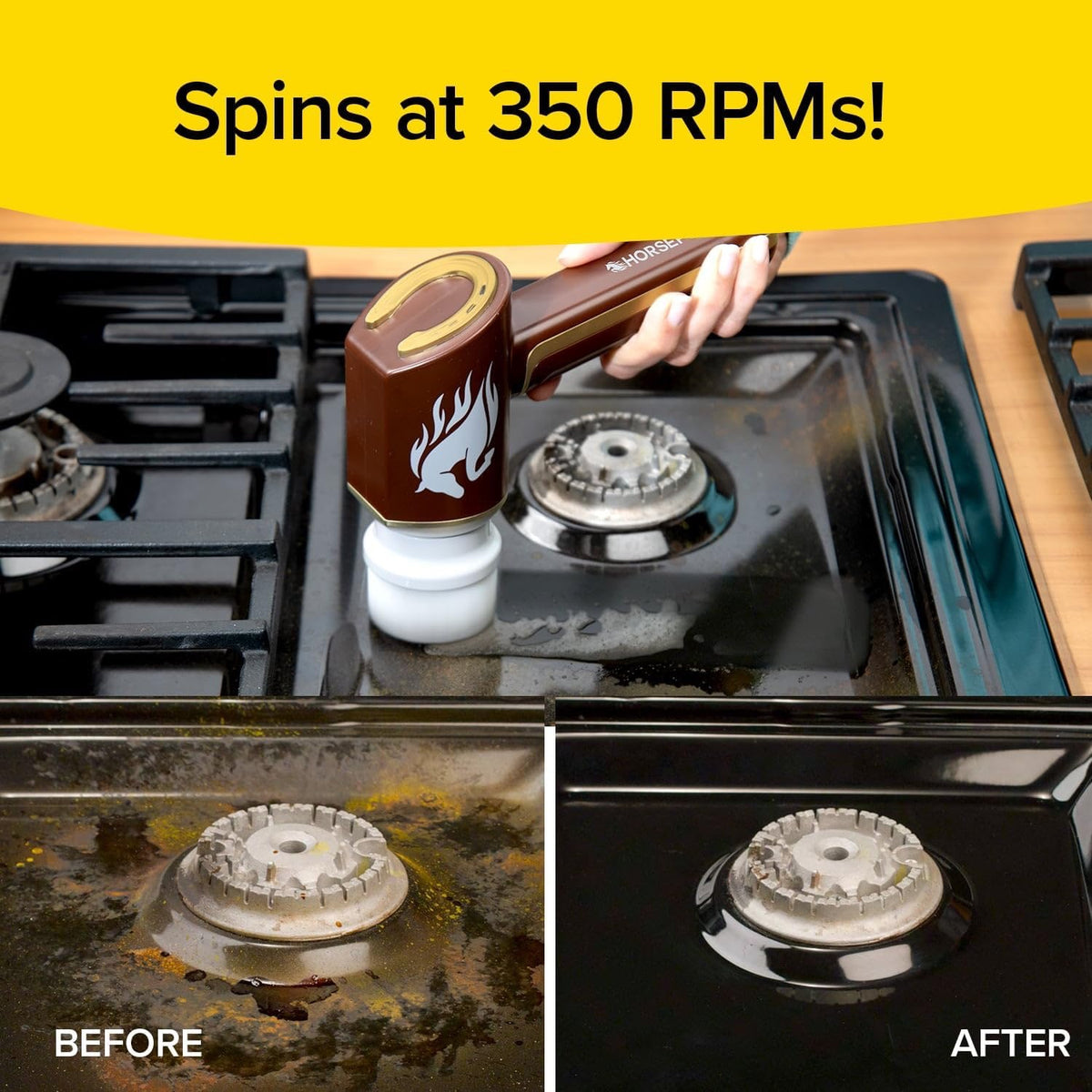 Stainless steel scrubber cleaning a gas stove with 'Spins at 350 RPMs!' text above.