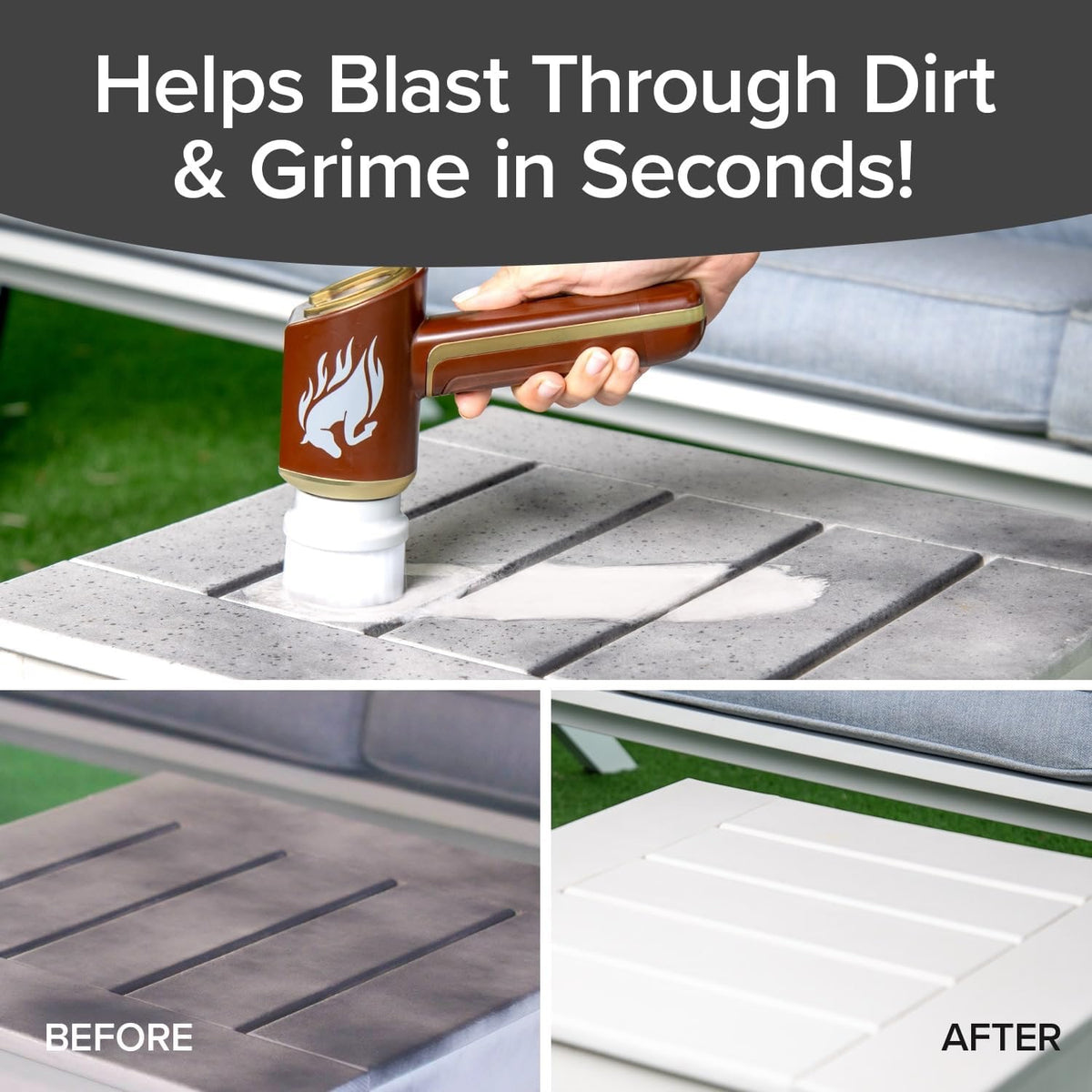 Cleaning tool being used on a wooden surface with 'Before' and 'After' comparisons.