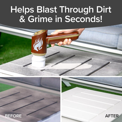 Cleaning tool being used on a wooden surface with 'Before' and 'After' comparisons.