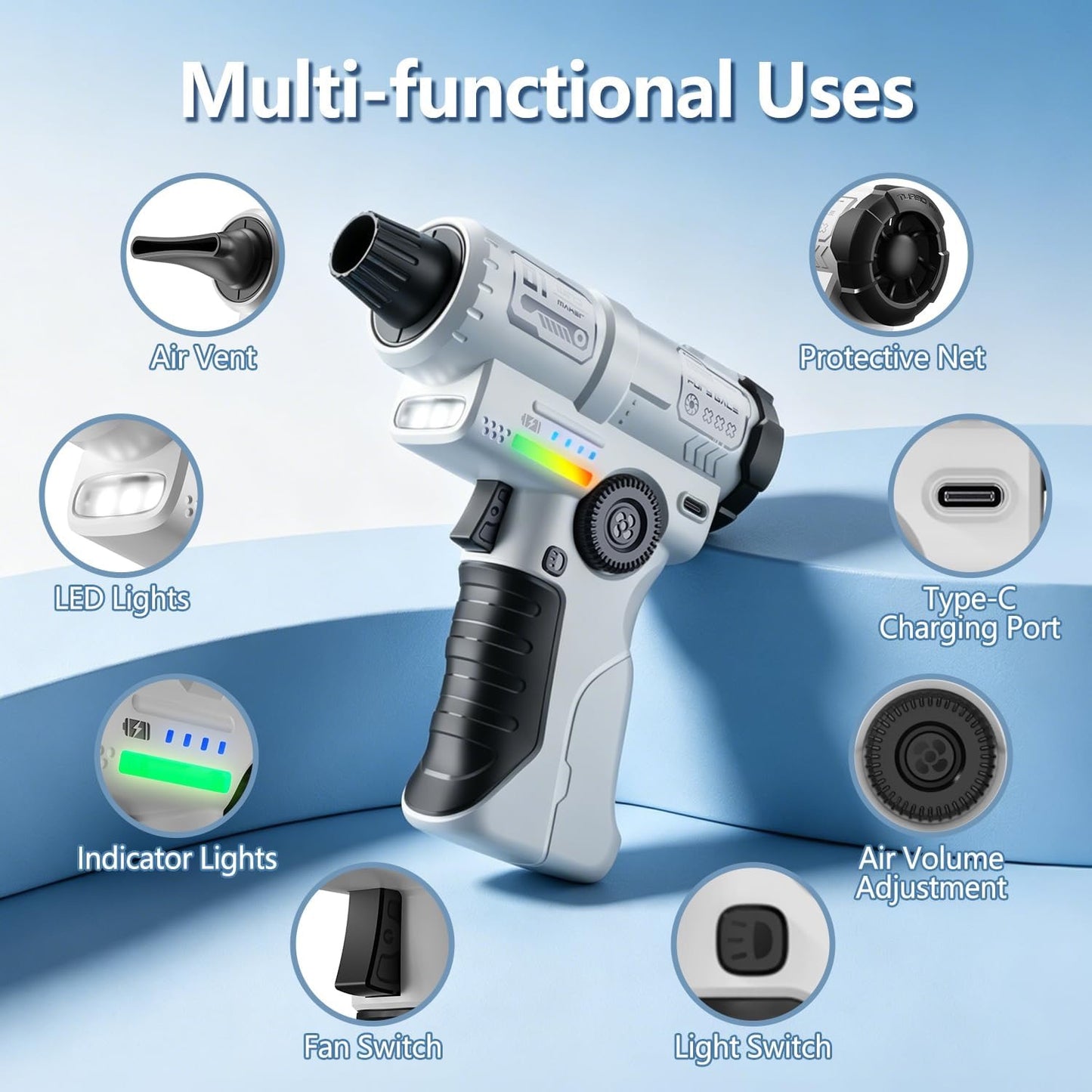 A black and white turbo air duster with highlighted features including protective net, type-c charging port, air adjustment, fan switch, indicator lights, led lights, and air vent.