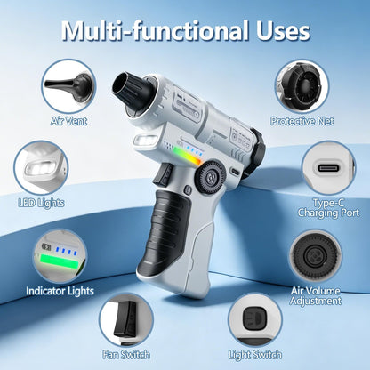 A black and white turbo air duster with highlighted features including protective net, type-c charging port, air adjustment, fan switch, indicator lights, led lights, and air vent.