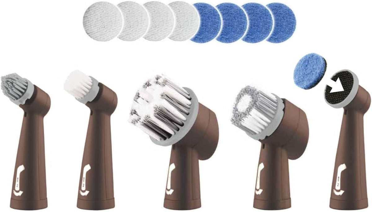 Four brown electric toothbrush head attachments with different bristle configurations, shown alongside six interchangeable blue and white cleaning pads on a white background.