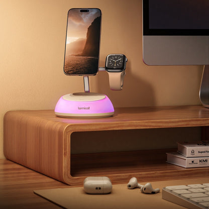 Lamicall multi-device charging station on a desk with phone, watch, and earbuds.