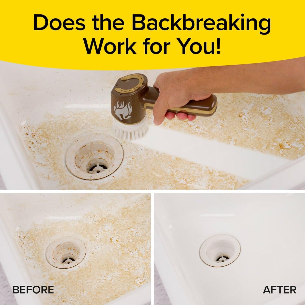 Cleaning tool being used on a dirty sink with 'Before' and 'After' comparisons.