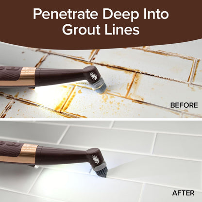Before and after comparison of a grout cleaning tool on tiled surfaces.