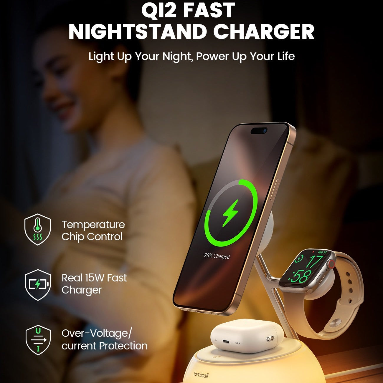 Qi2 fast nightstand charger with phone, watch, and temperature control features on a wooden surface.