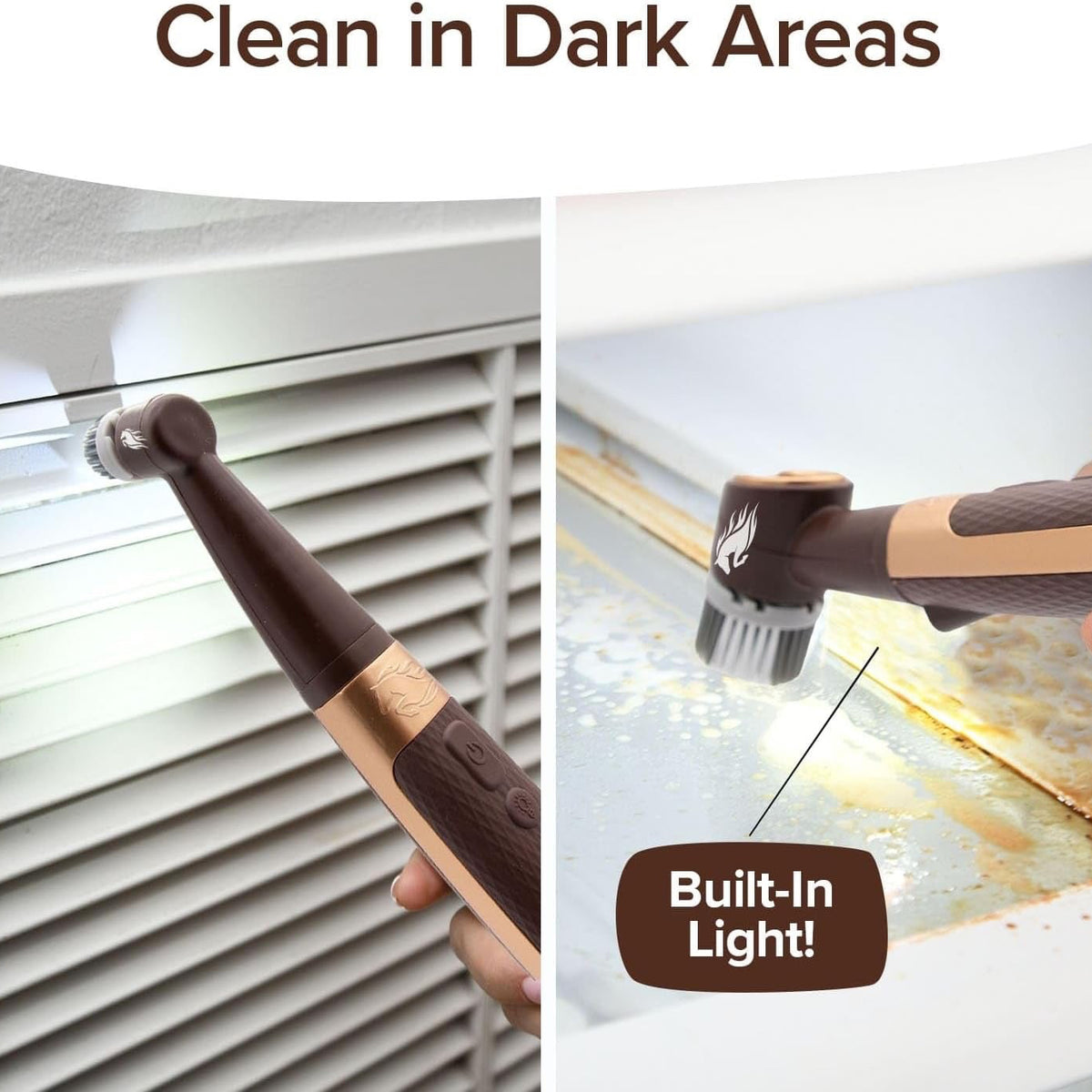 Cleaning tool with built-in light being used to clean blinds and a window.