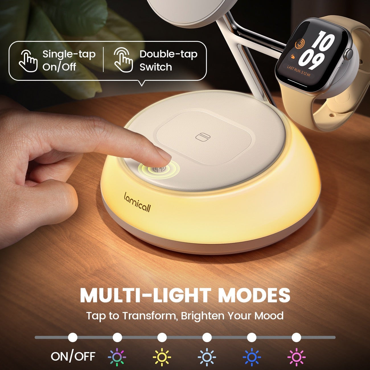 Smartphone and smartwatch on a charging stand with multi-light mode options.