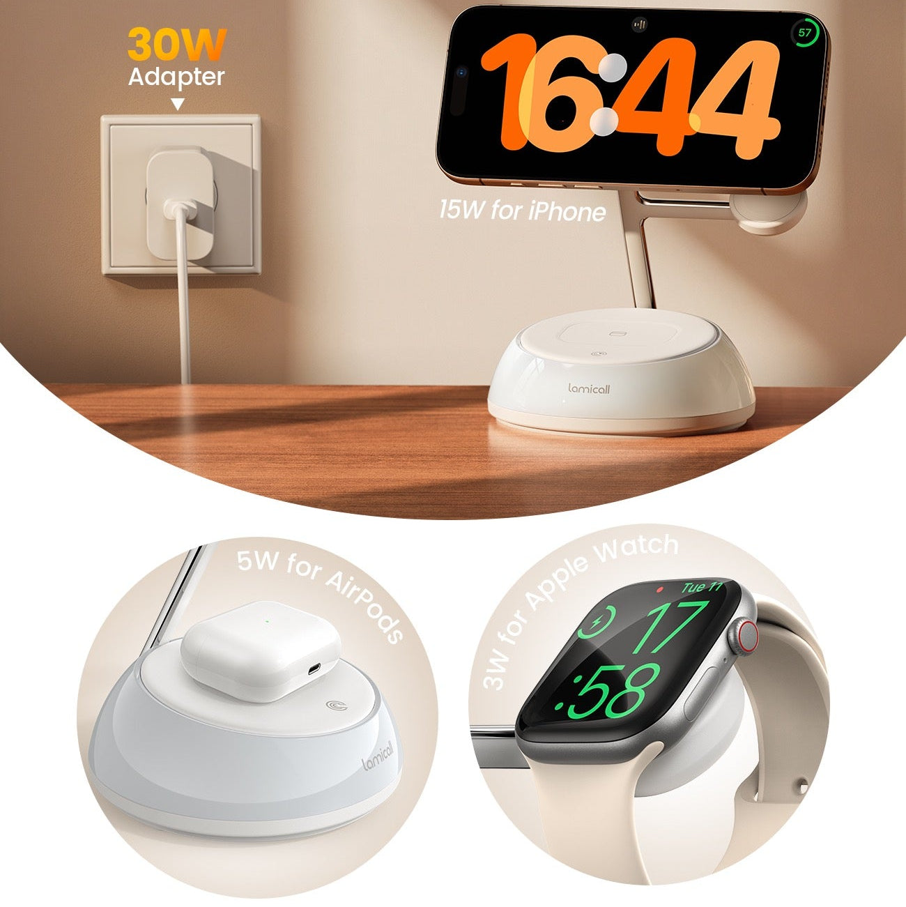 3-in-1 charging station with smartphone, Apple Watch, and AirPods on a wooden surface.