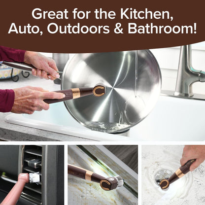 Person using a tool on a kitchen counter with text 'Great for the Kitchen, Auto, Outdoors & Bathroom!'
