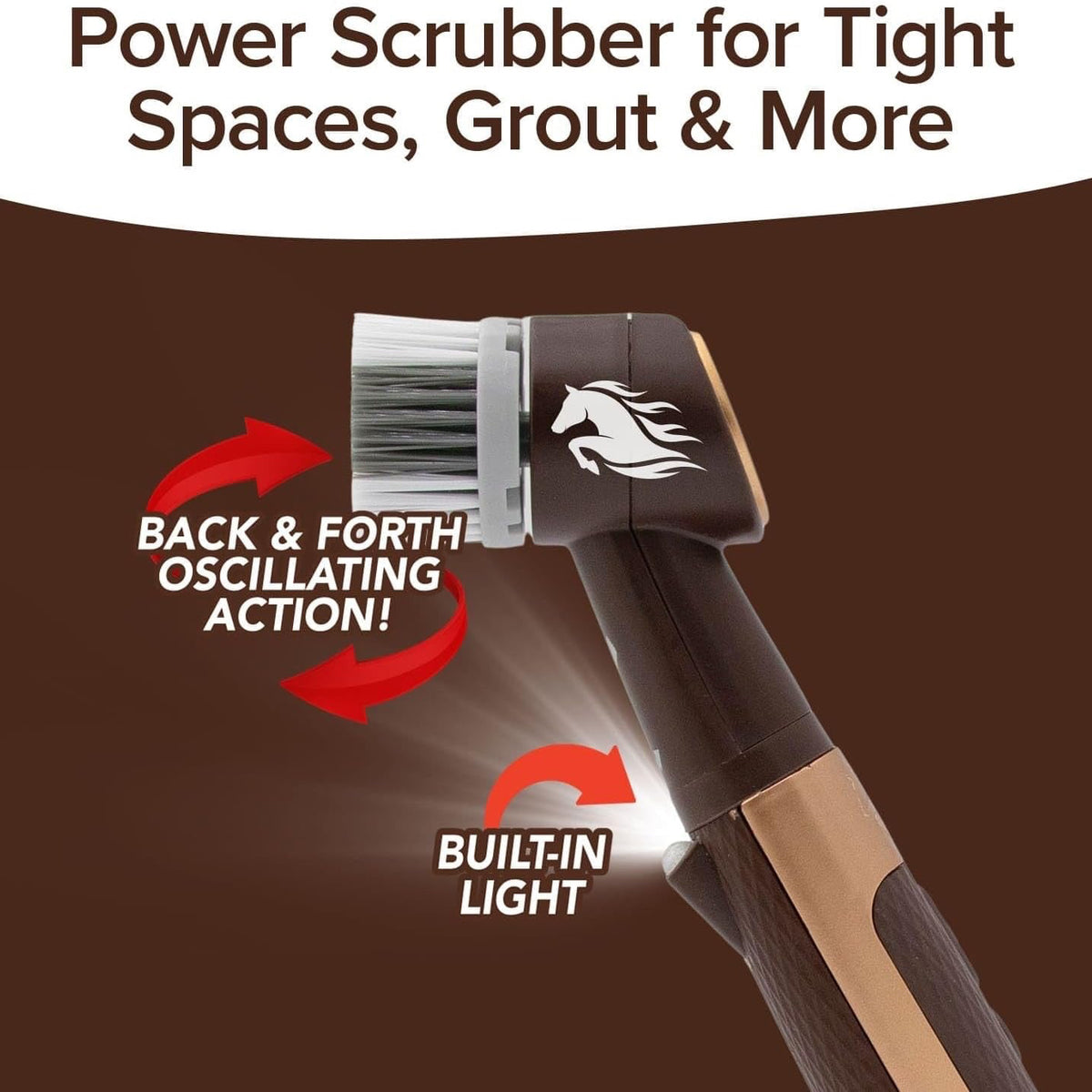 A close-up promotional graphic of a dark brown and tan power scrubber brush with a built-in light and red arrows showing back-and-forth oscillating action. Text at the top reads 'Power Scrubber for Tight Spaces, Grout & More' and text on the left says 'BACK & FORTH OSCILLATING ACTION!' and text near the light says 'BUILT-IN LIGHT'.