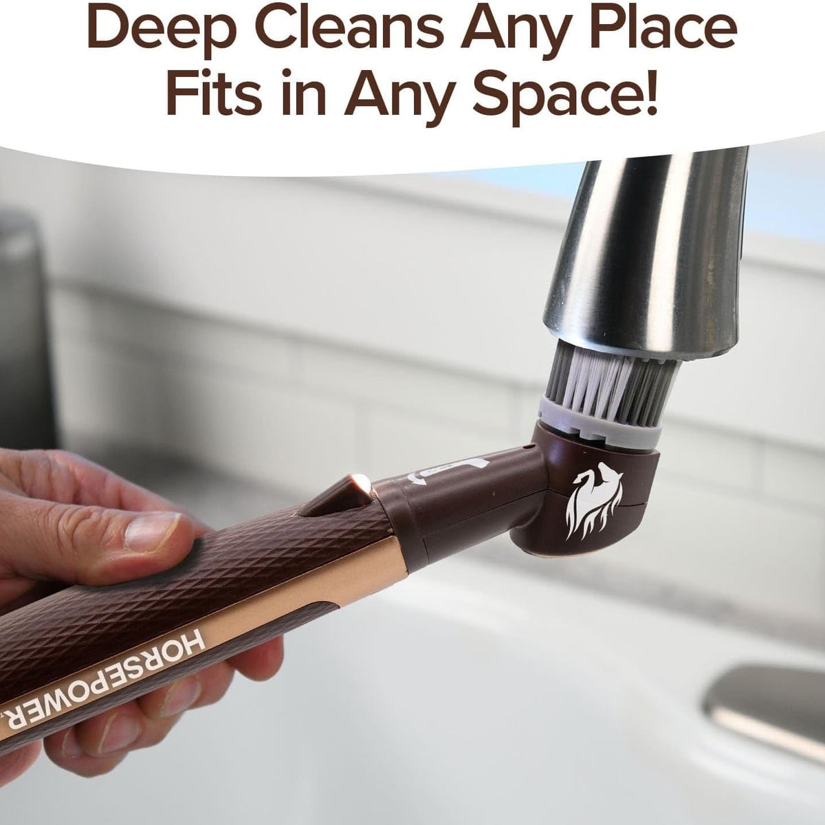 Hand holding a brown cleaning tool with a silver nozzle, labeled 'Horsepower', against a sink background.