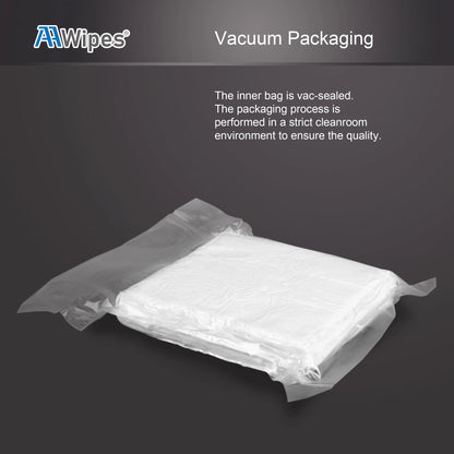 150 cleanroom wipes in a vacuum sealed package on a black background.
