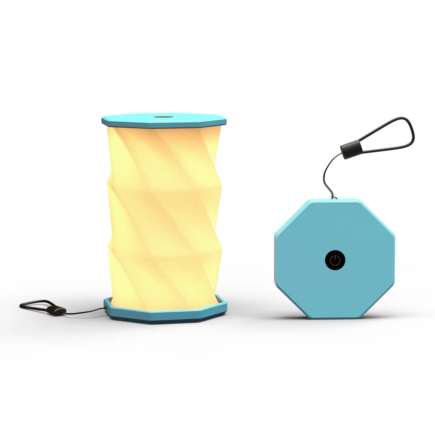 A portable folding lamp  shown on a clean white background. The lamp is unfolded and illuminated with a geometric, faceted design in warm yellow.