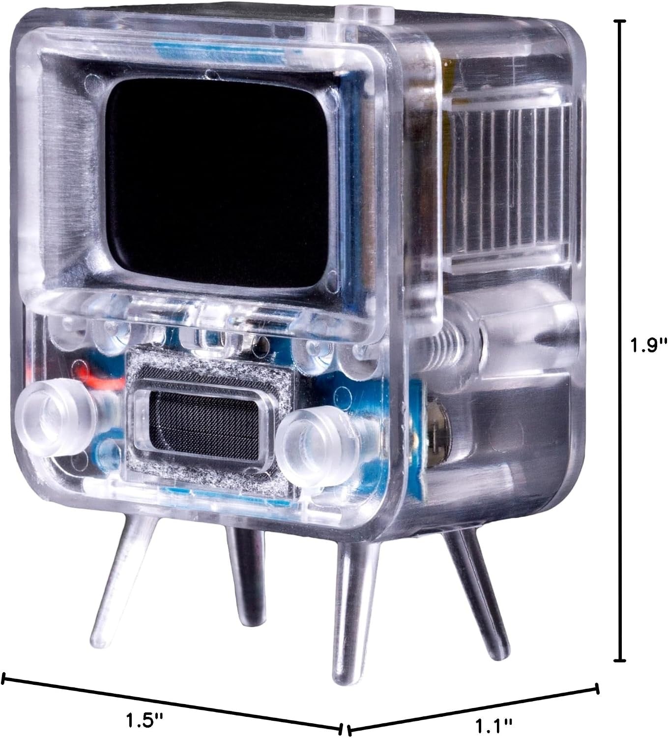 A retro-style miniature TV toy or model shown on a white background with dimension lines indicating 1.9 inches tall, 1.