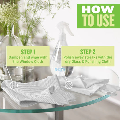How to use E-Cloth Window Cleaning Kit. Step 1 Dampen and wipe with window cloth. Step 2 Polish away streaks with the dry glass and polishing cloth/