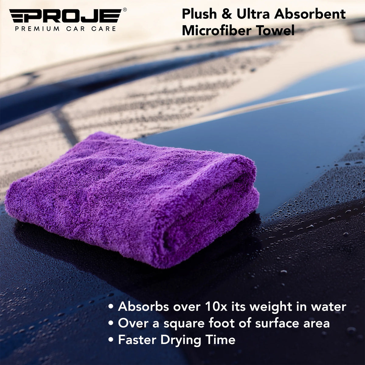 Purple microfiber towel on a car surface with PROJE logo and product features.