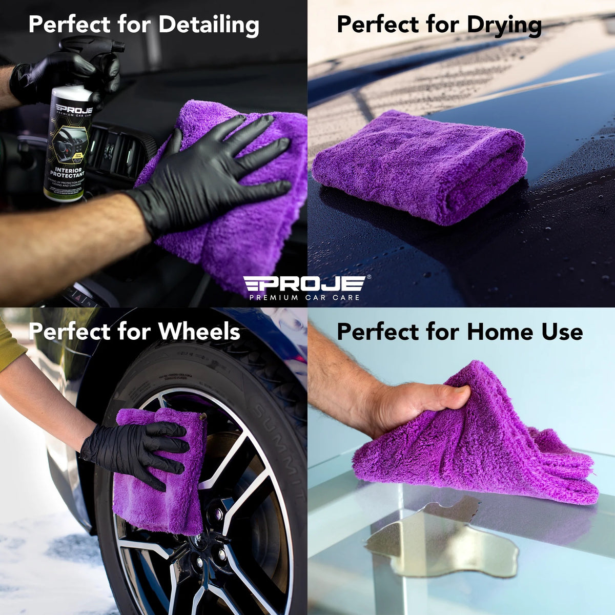 A four-panel promotional collage showing a purple microfiber cleaning cloth in use for car detailing, drying, wheels, and home use. The panels include a hand in a black glove wiping a car interior, the folded cloth on wet car paint, wiping a wheel, and absorbing liquid on a glass surface.