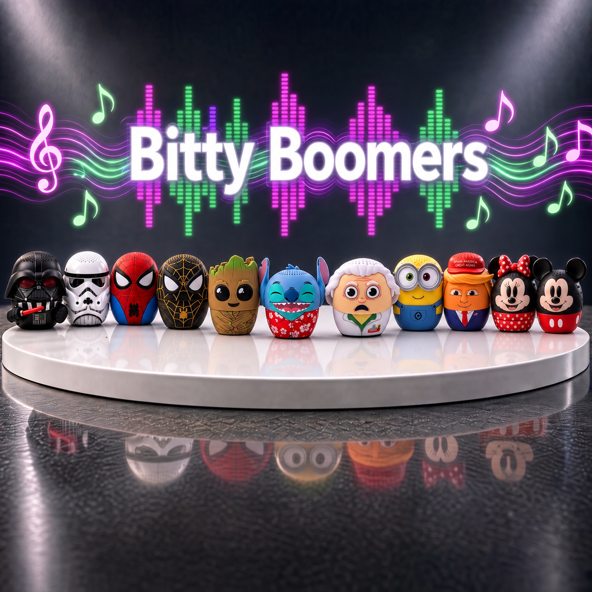 Bitty Boomers Mini Bluetooth Speakers featuring Darth Vader, Stormtrooper, Spider-Man, Black & Gold Spider-Man, Groot, Stitch, Doc Brown, Minion, Donald Trump, Minnie Mouse, and Mickey Mouse on a neon music-themed display.