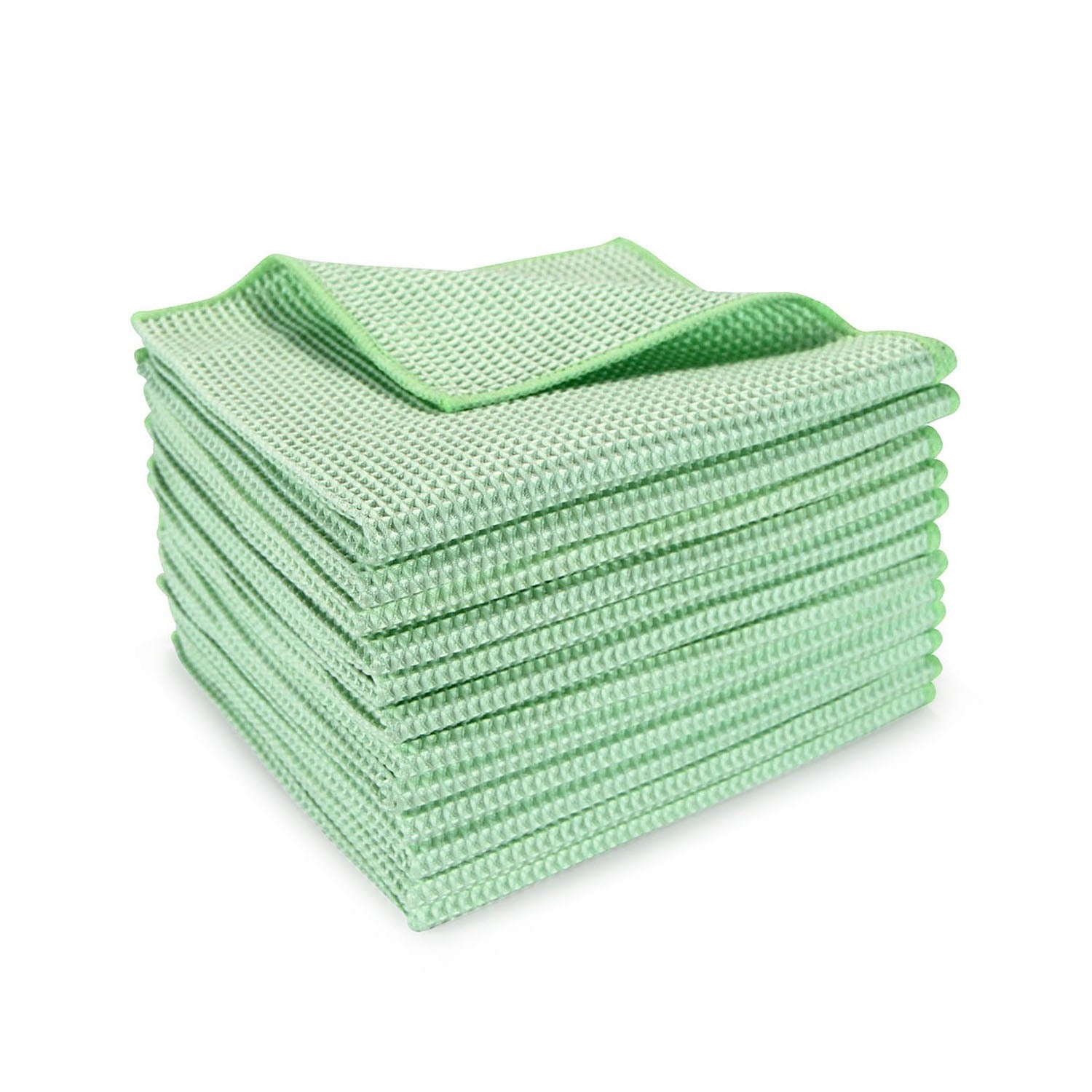Stack of green microfiber cloths on a white background