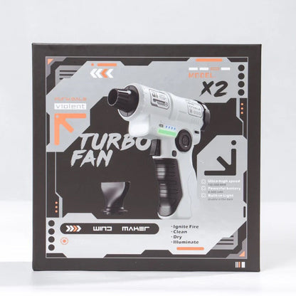 The retail packaging box for the 'Turbo Fan' wind maker, featuring a futuristic sci-fi design with orange, black, and white graphics showing the product and accessories.