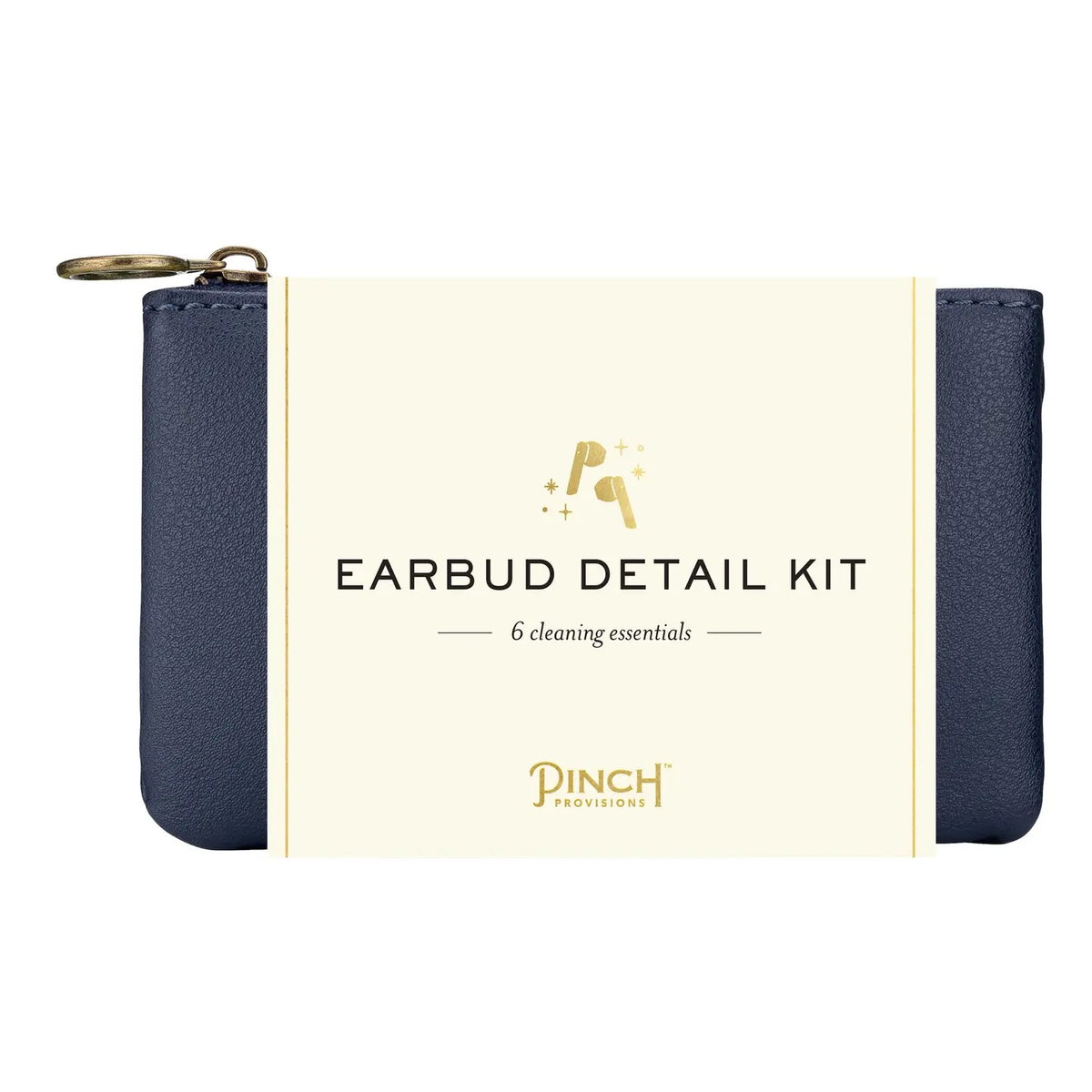 A small zippered pouch labeled 'EARBUD DETAIL KIT' with '6 cleaning essentials' and the 'PINCH PROVISIONS' logo. The pouch has navy blue sides and a cream center panel with gold text and iconography, shown on a plain white background.