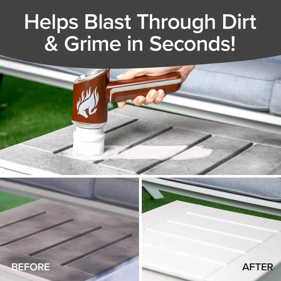Cleaning tool being used on a surface with 'Before' and 'After' comparisons, text 'Helps Blast Through Dirt & Grime in Seconds!'.