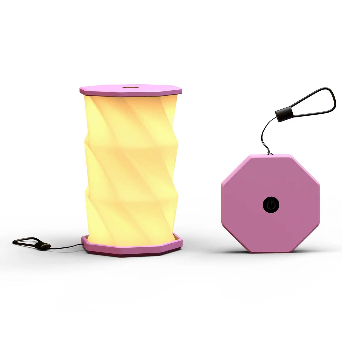 A blush folding lamp  shown on a clean white background. The lamp is unfolded and illuminated with a geometric, faceted design in warm yellow.