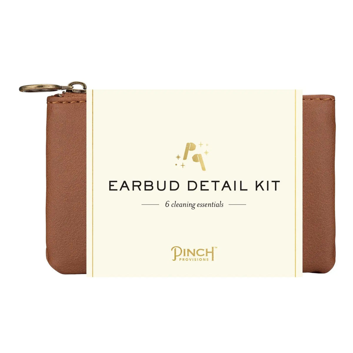 A brown leather earbud cleaning kit pouch with a cream-colored central label that reads 'EARBUD DETAIL KIT' and 'Pinch Provisions' in gold text, shown on a plain white background.