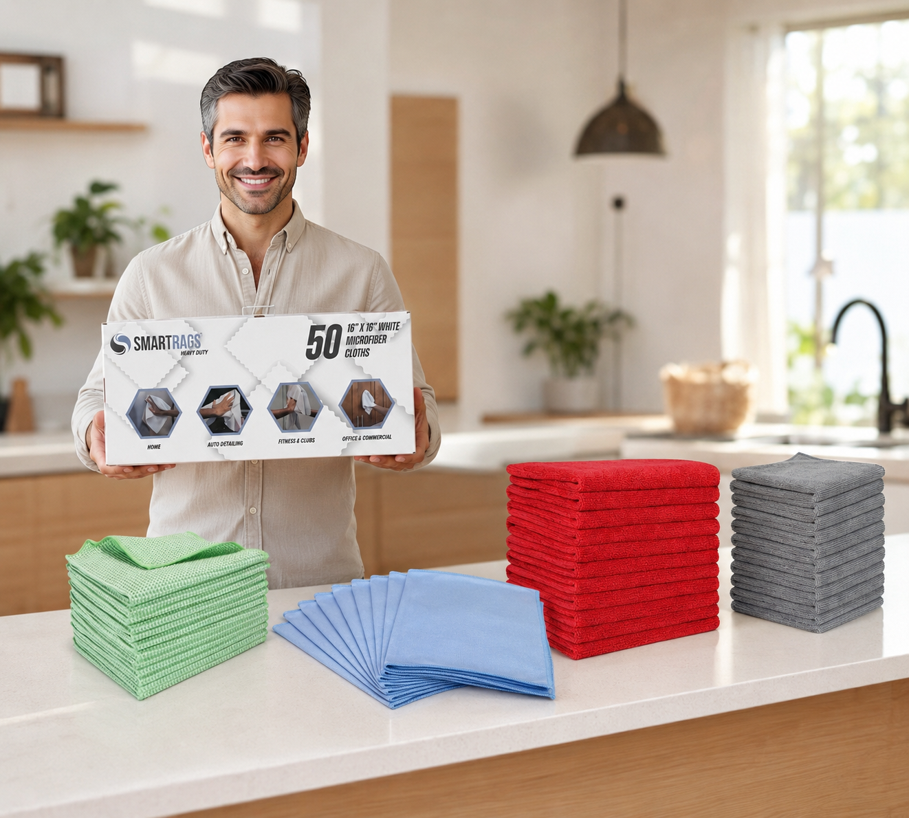 Man holding a box of Smartrags with colorful microfiber cloths on a kitchen counter.