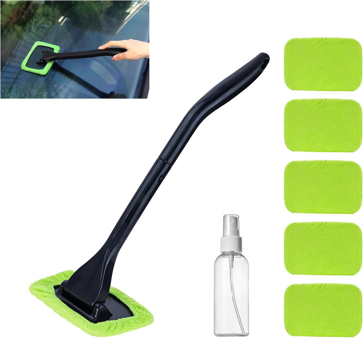 A car window cleaning kit on a white background, featuring a black handle extension with a bright green microfiber sponge, five matching green microfiber cloths, a clear spray bottle, and an inset showing the sponge being used on a car window.