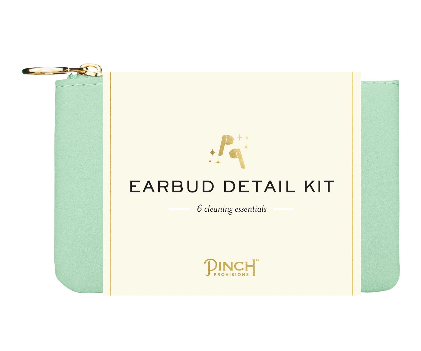 A mint green and cream zippered pouch labeled 'EARBUD DETAIL KIT' with gold branding and text, shown on a plain white background.