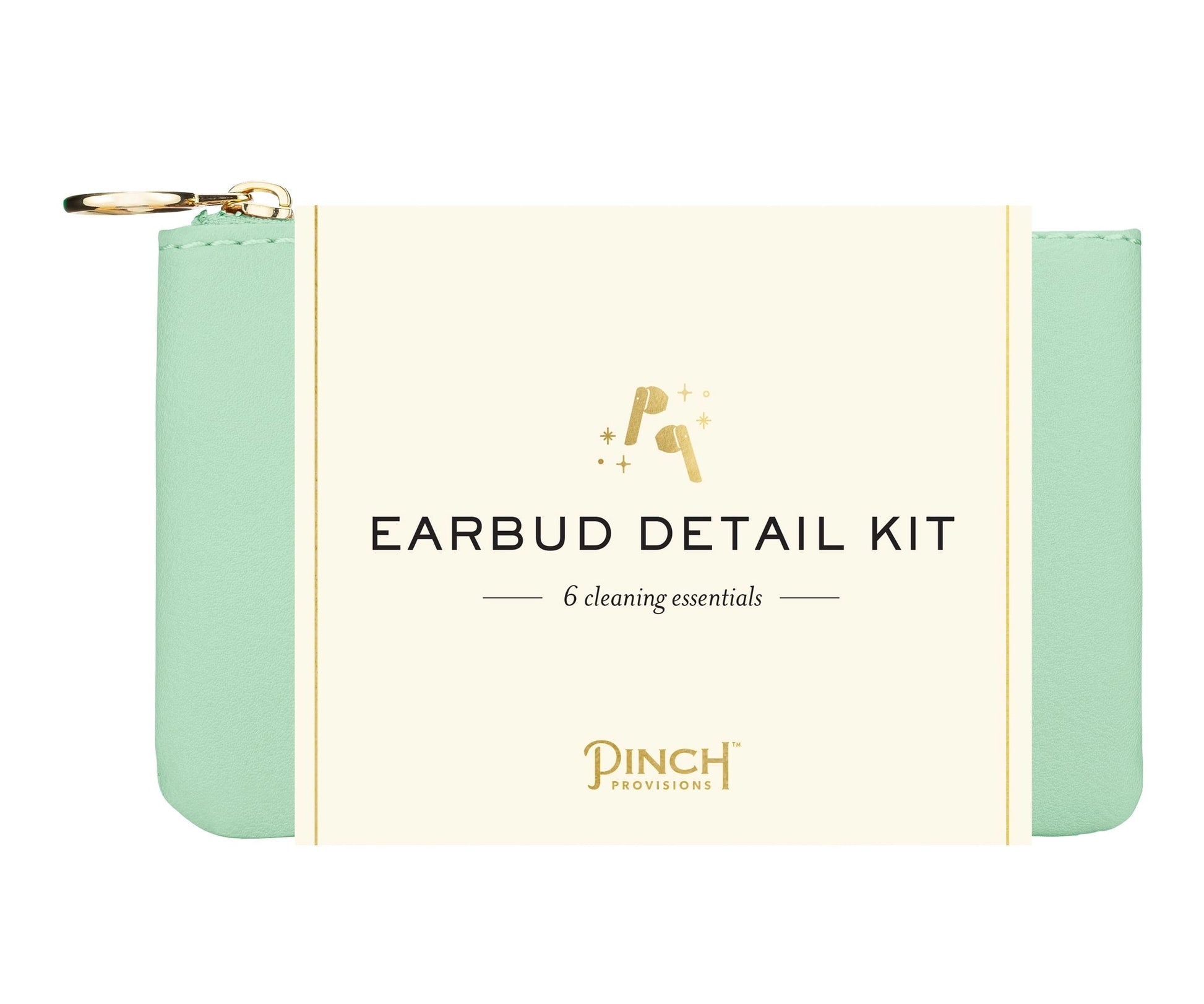 A mint green and cream zippered pouch labeled 'EARBUD DETAIL KIT' with gold branding and text, shown on a plain white background.
