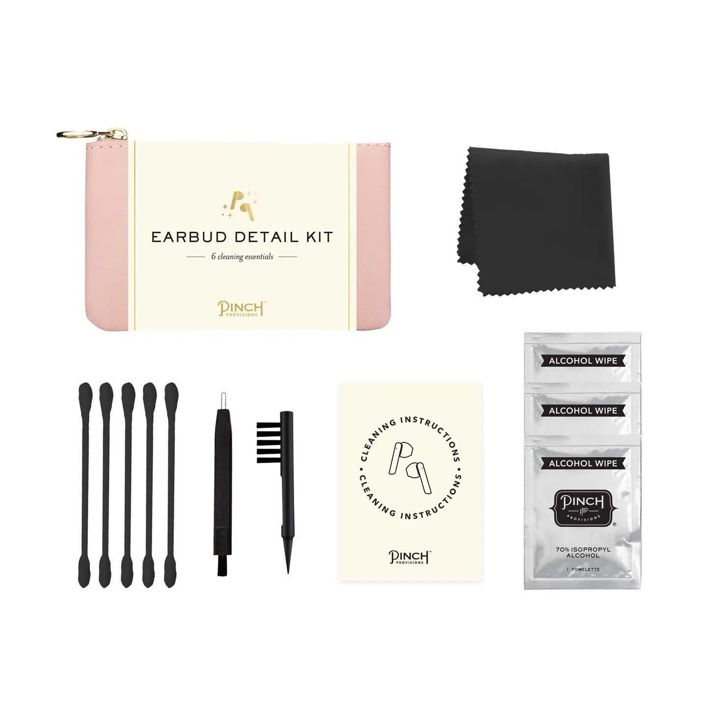 Pinch Earbud Detail Kit with a pink and cream zip pouch, black cleaning tools, three alcohol wipes, and a cleaning instruction card on a white background.