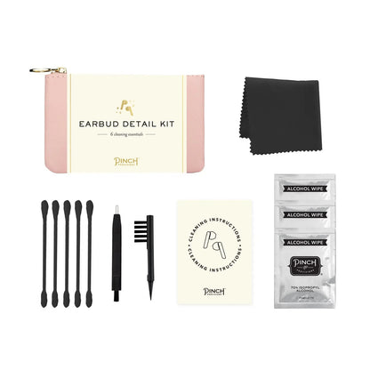 Pinch Earbud Detail Kit with a pink and cream zip pouch, black cleaning tools, three alcohol wipes, and a cleaning instruction card on a white background.