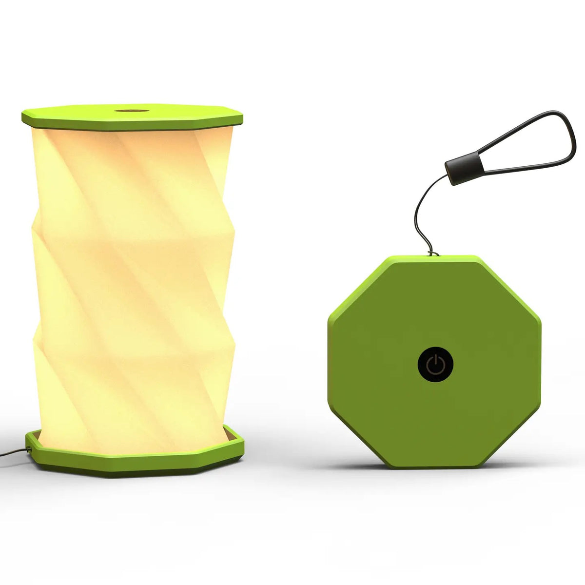 A lime portable folding lamp  shown on a clean white background. The lamp is unfolded and illuminated with a geometric, faceted design in warm yellow.