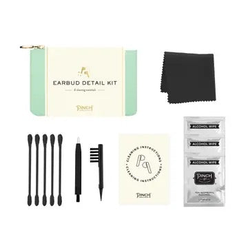 A Pinch Earbud Detail Kit laid out on a white background, including a mint and cream zip pouch, a black cleaning cloth, black earbud removal tools, a small brush, an instruction card, alcohol wipes, and alcohol swabs.