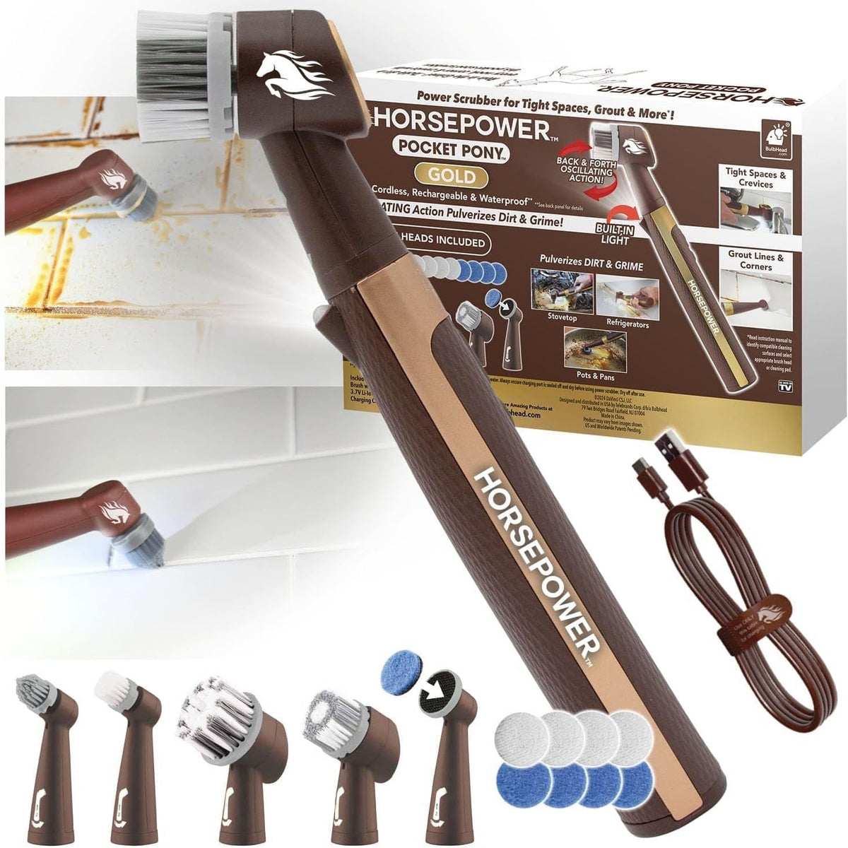 Horsepower Pocket Pond Gold electric floor and tub cleaner shown with its retail box, multiple attachment heads, a charging cable, and a demonstration of the brush head cleaning a tiled tub and grout line.