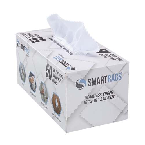 Close-up of a white SmartRags microfiber cloth showing its texture and seamless edge