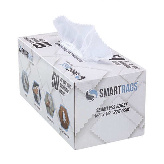 SmartRags Heavy Duty 50-count dispenser box of 16 x 16 inch white microfiber cloths, with one cloth pulled out