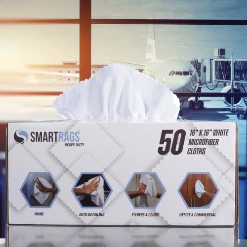 SmartRags 50-count white microfiber cloth dispenser box in an office lobby