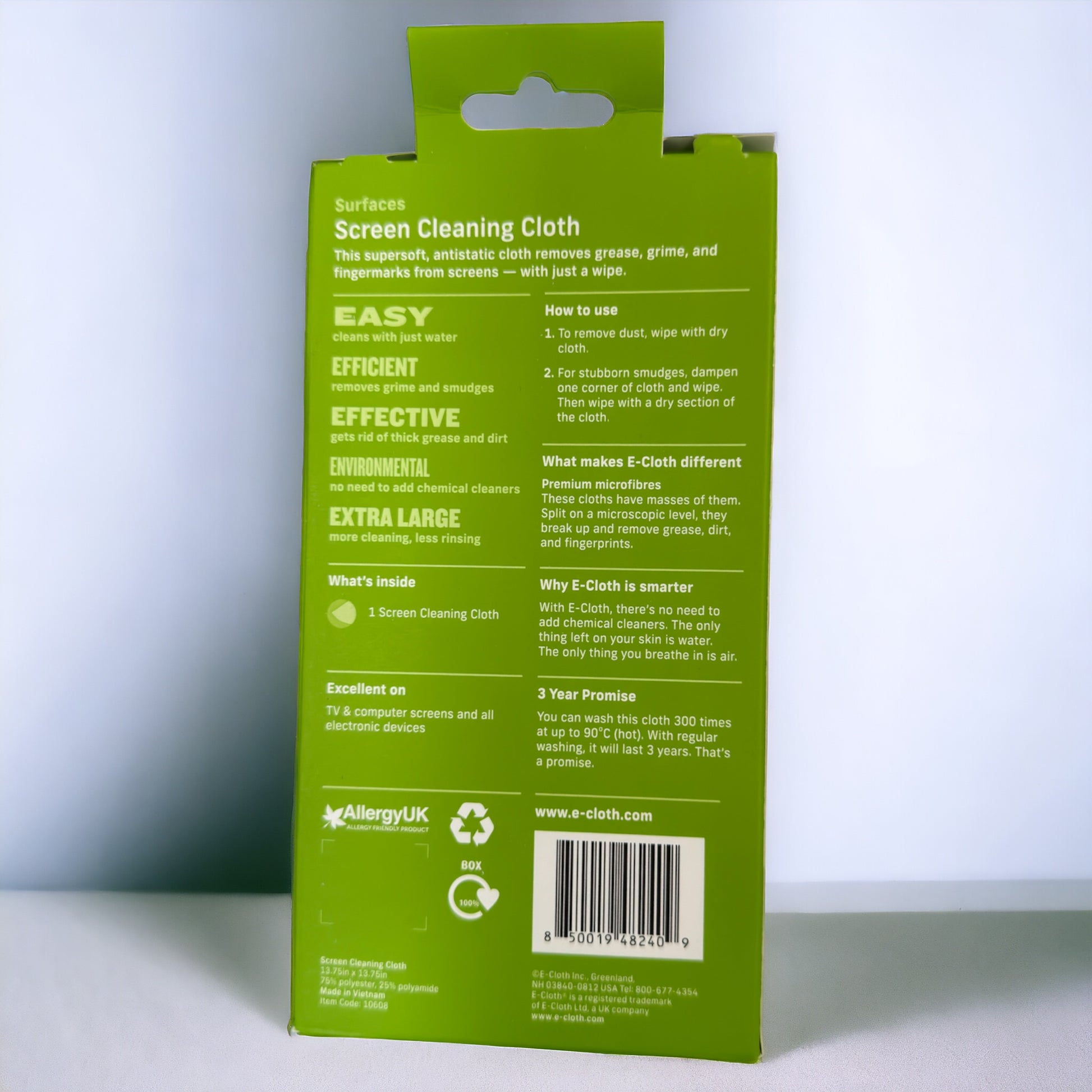 Back of E-Cloth screen cleaning cloth green package.