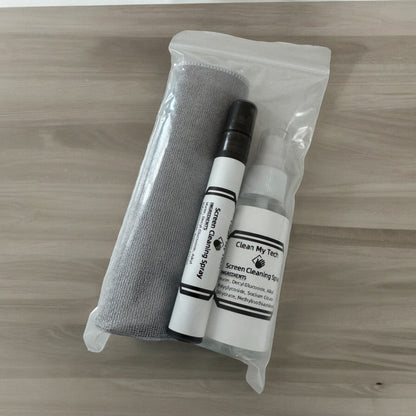 Bag containing a larger microfiber cloth, 10ml cleaning spray, and 2oz. cleaning spray.