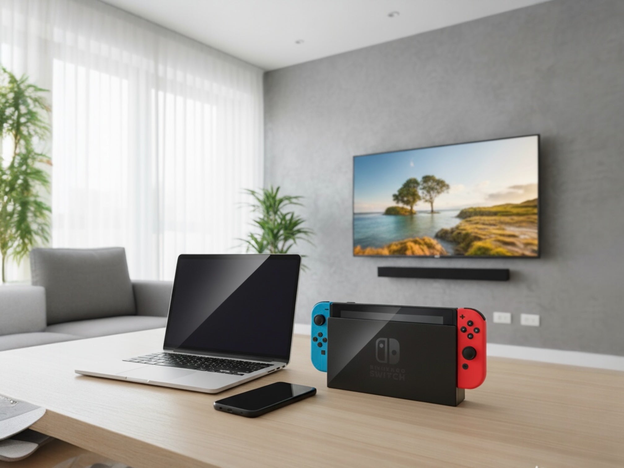 living room with computer, phone, tv, and Nintendo switch.