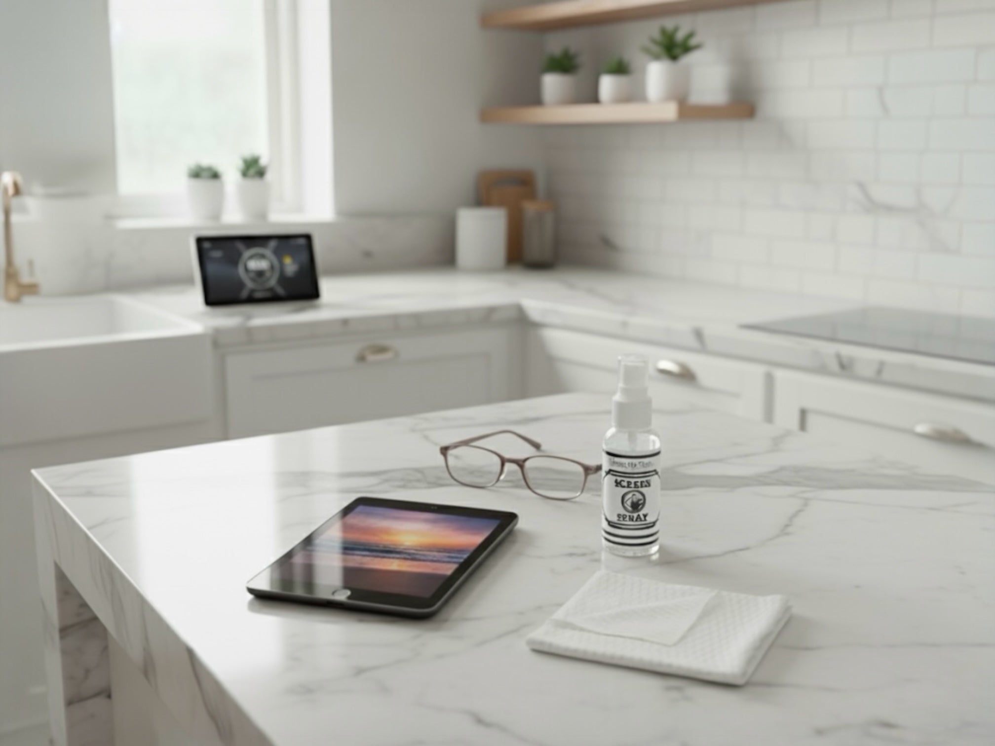 Kitchen counter with iPad, glasses, and Clean My Tech Spray. 