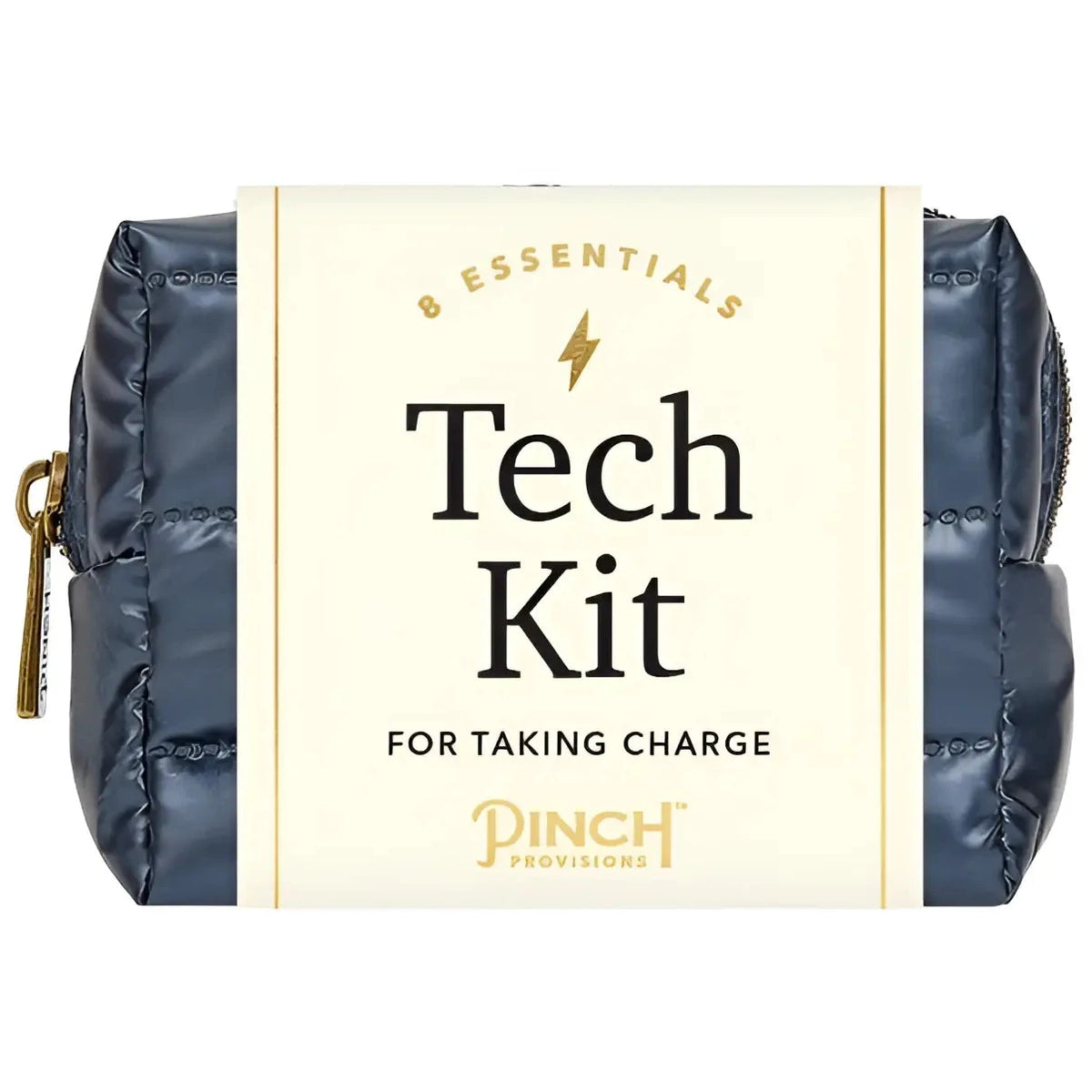 Navy blue quilted tech kit with gold zipper and branding label